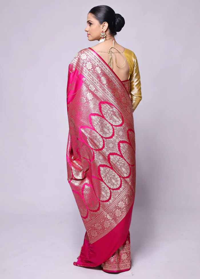 Pink Banarasi Silk Saree With Blouse Piece - Image 3