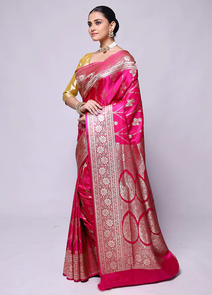 Pink Banarasi Silk Saree With Blouse Piece - Image 4