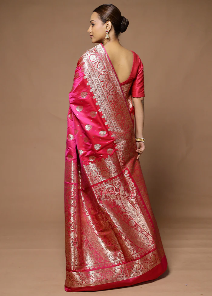 Pink Banarasi Silk Saree With Blouse Piece - Image 3
