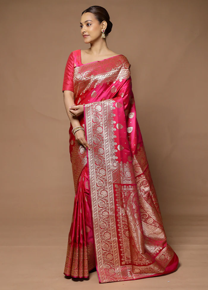 Pink Banarasi Silk Saree With Blouse Piece - Image 4