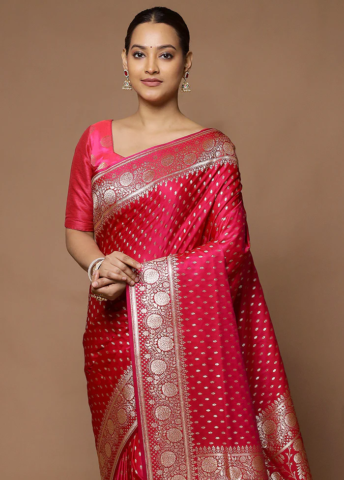 Pink Banarasi Silk Saree With Blouse Piece - Image 2