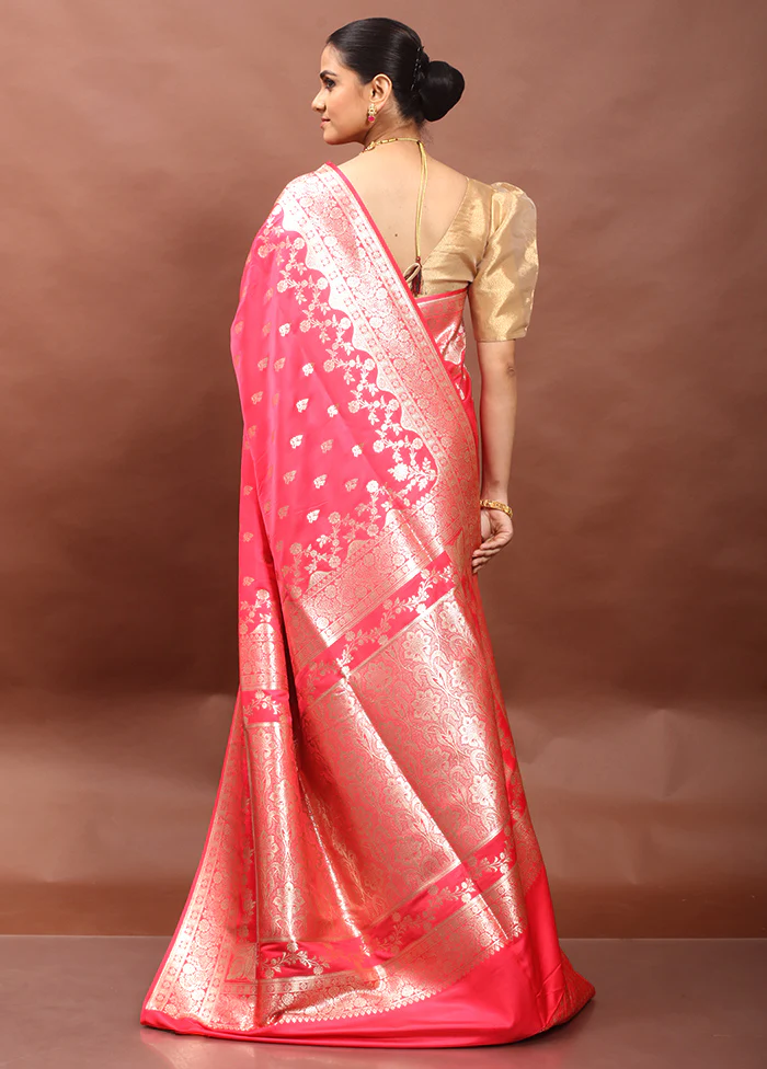 Pink Banarasi Silk Saree With Blouse Piece - Image 3