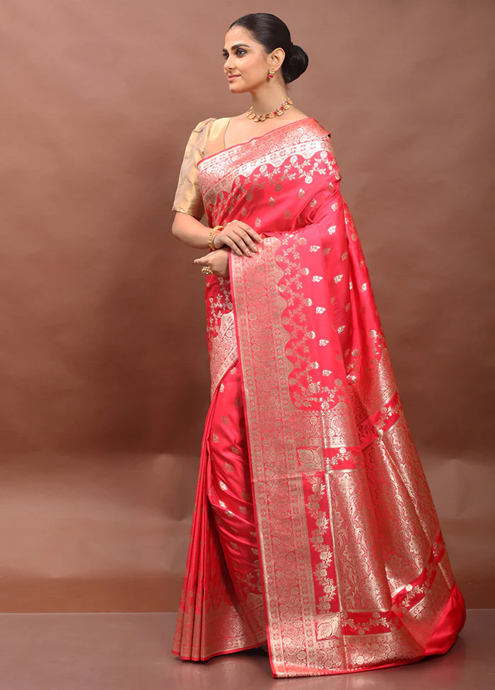 Pink Banarasi Silk Saree With Blouse Piece - Image 4