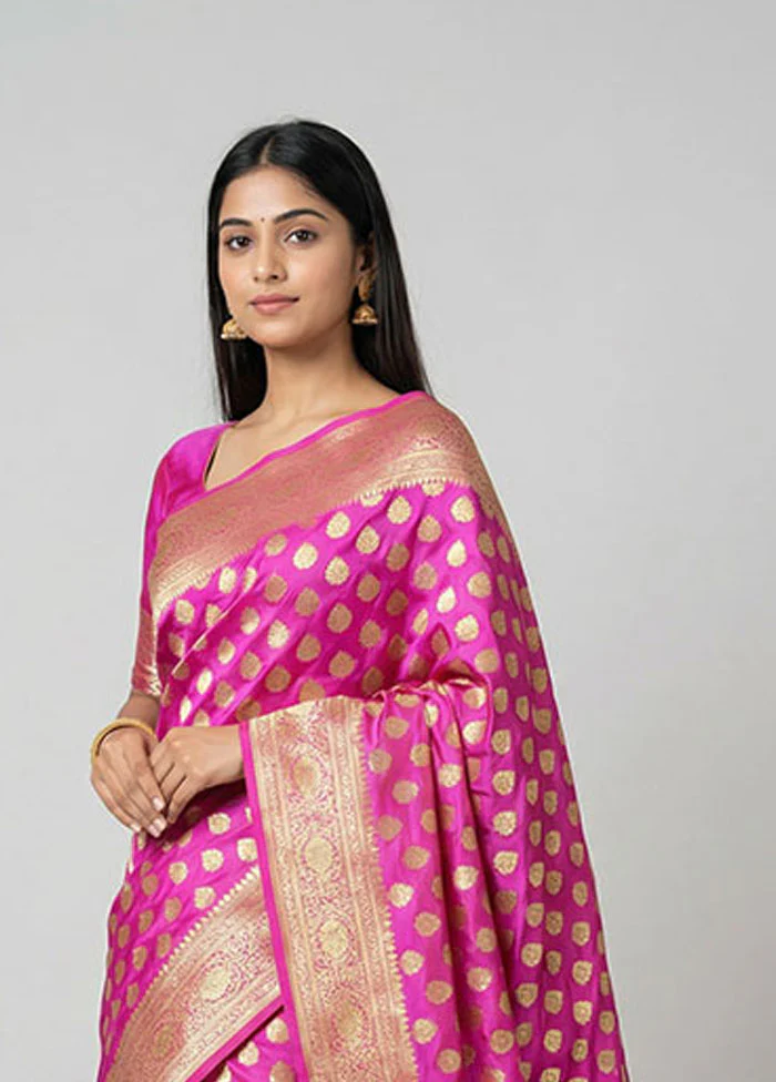 Pink Banarasi Silk Saree With Blouse Piece - Image 2