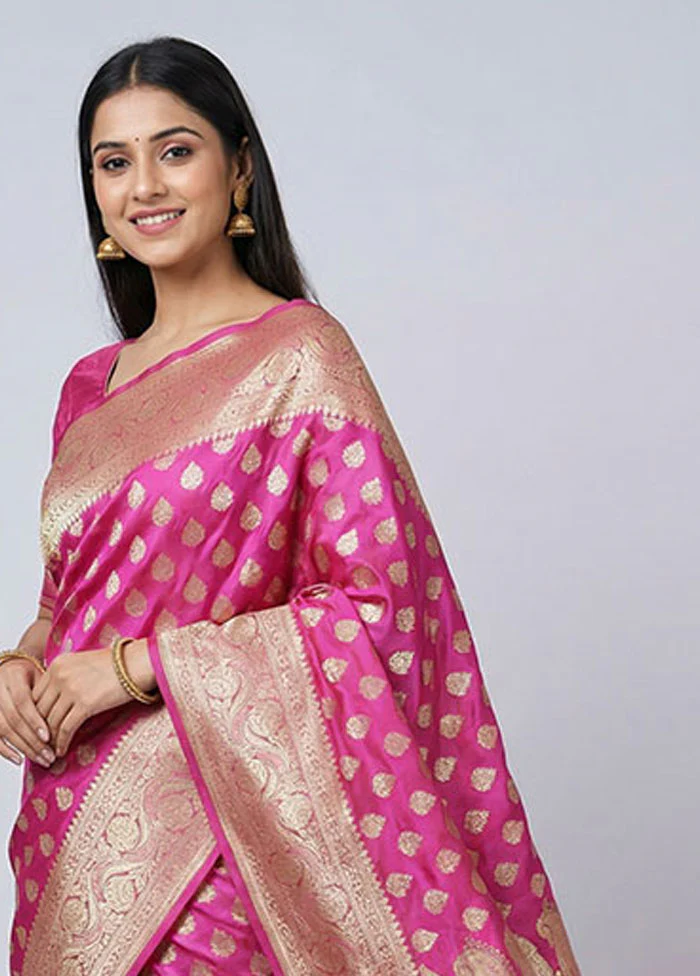 Pink Banarasi Silk Saree With Blouse Piece - Image 2