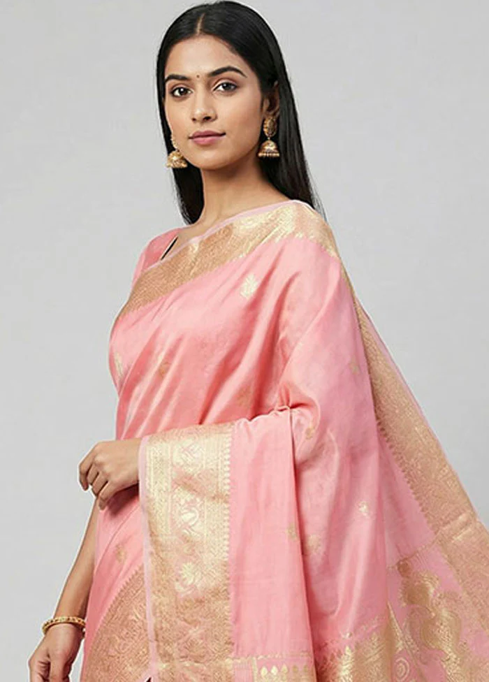 Pink Banarasi Silk Saree With Blouse Piece - Image 2