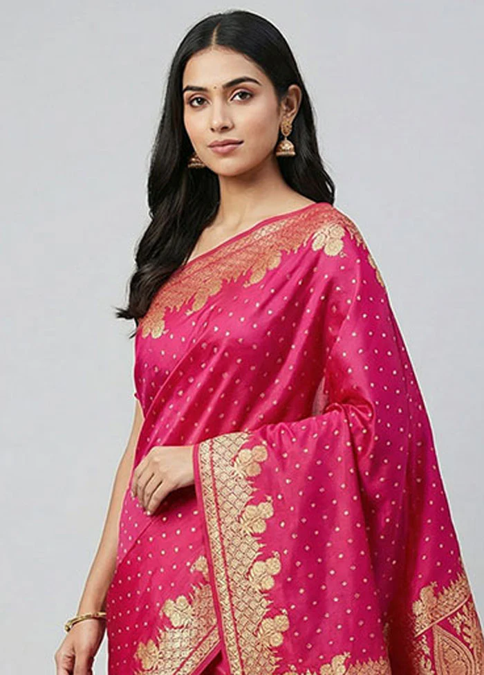 Pink Banarasi Silk Saree With Blouse Piece - Image 2