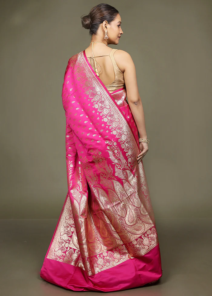 Pink Banarasi Silk Saree With Blouse Piece - Image 3