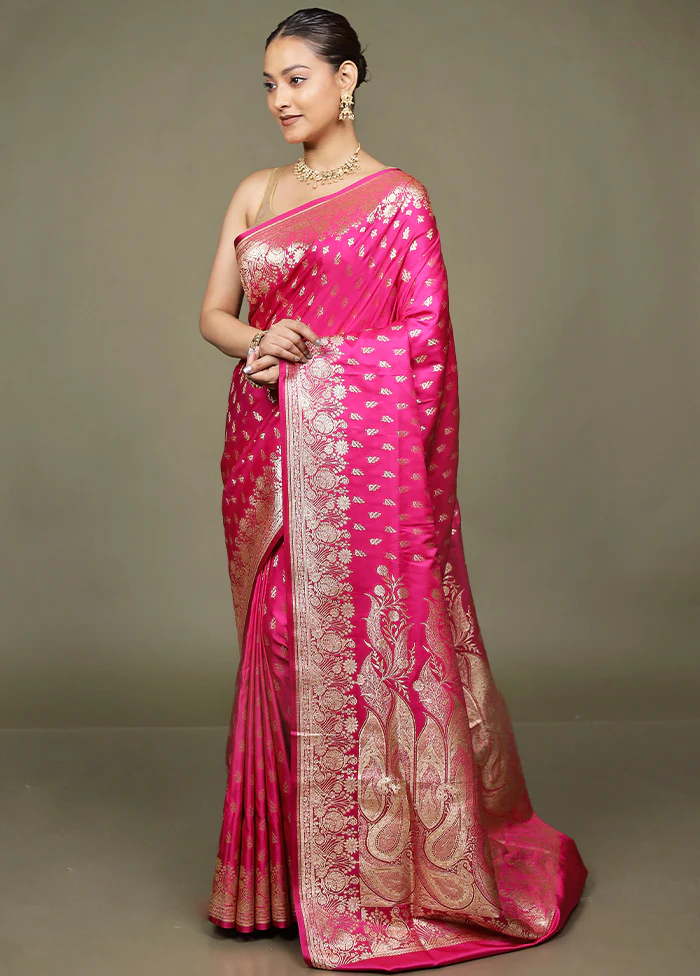 Pink Banarasi Silk Saree With Blouse Piece - Image 4