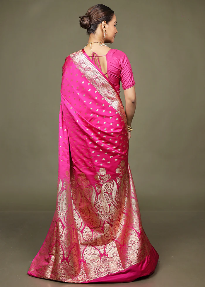 Pink Banarasi Silk Saree With Blouse Piece - Image 3