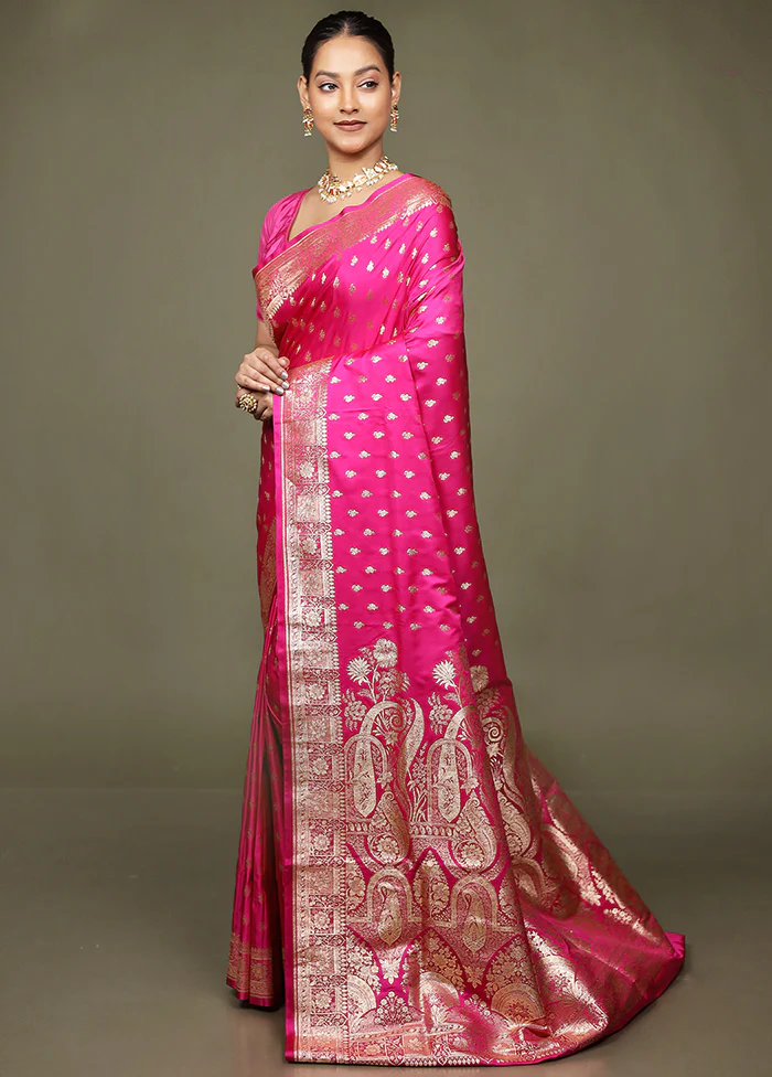 Pink Banarasi Silk Saree With Blouse Piece - Image 4