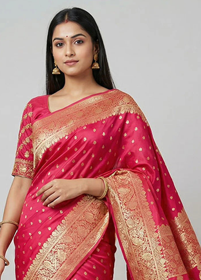 Pink Banarasi Silk Saree With Blouse Piece - Image 2