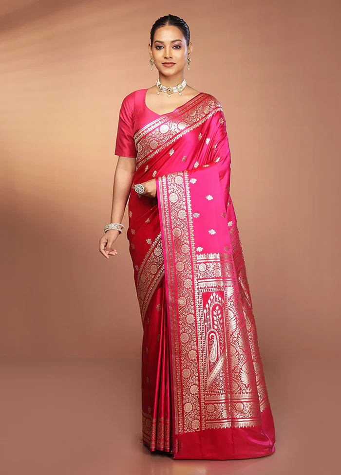 Pink Banarasi Silk Saree With Blouse Piece - Image 2