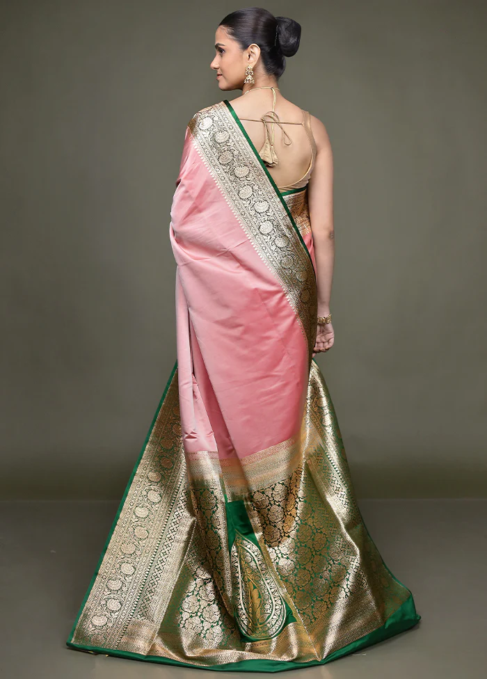 Pink Banarasi Silk Saree With Blouse Piece - Image 3