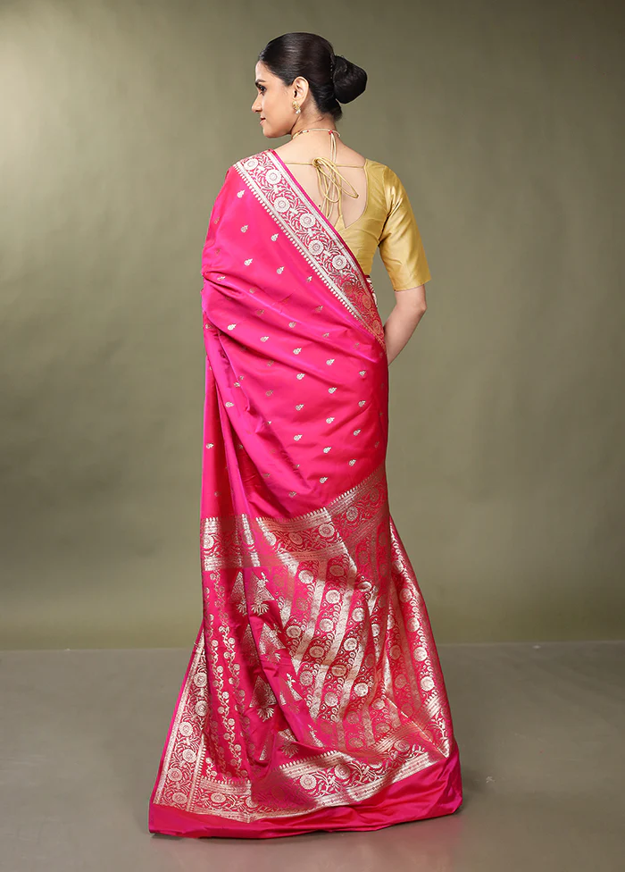 Pink Banarasi Silk Saree With Blouse Piece - Image 3