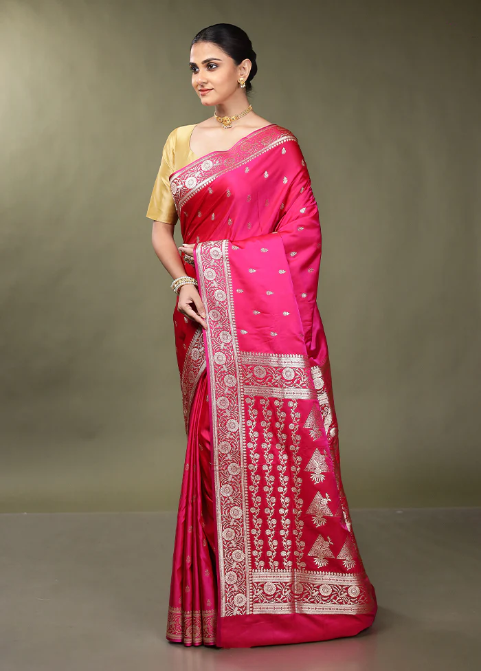 Pink Banarasi Silk Saree With Blouse Piece - Image 4