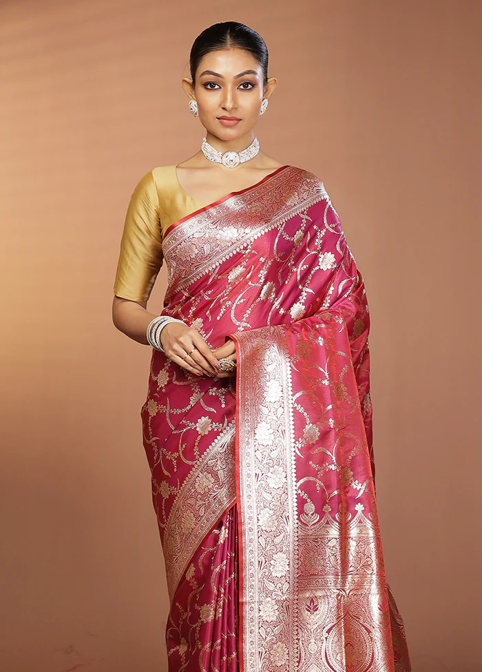 Pink Banarasi Silk Saree With Blouse Piece