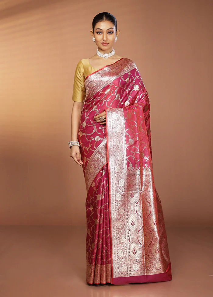 Pink Banarasi Silk Saree With Blouse Piece - Image 2