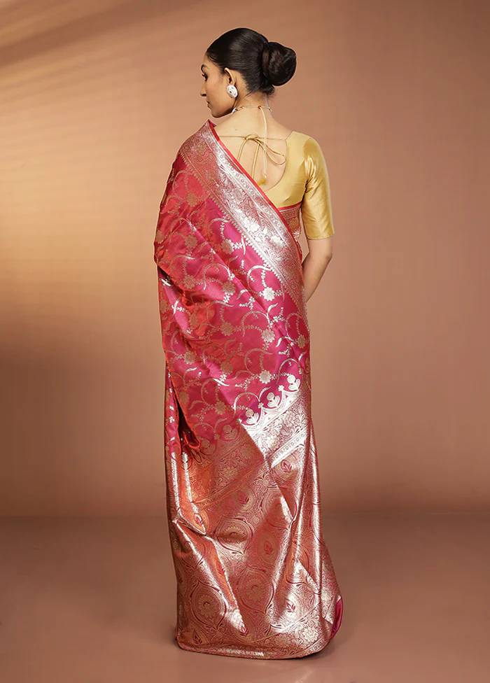 Pink Banarasi Silk Saree With Blouse Piece - Image 3