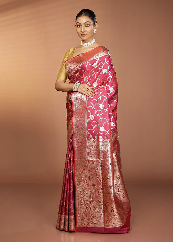 Pink Banarasi Silk Saree With Blouse Piece - Image 4