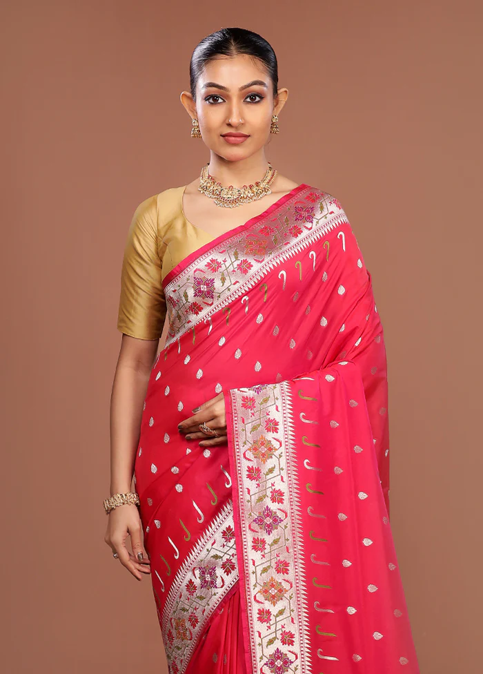 Pink Banarasi Silk Saree With Blouse Piece
