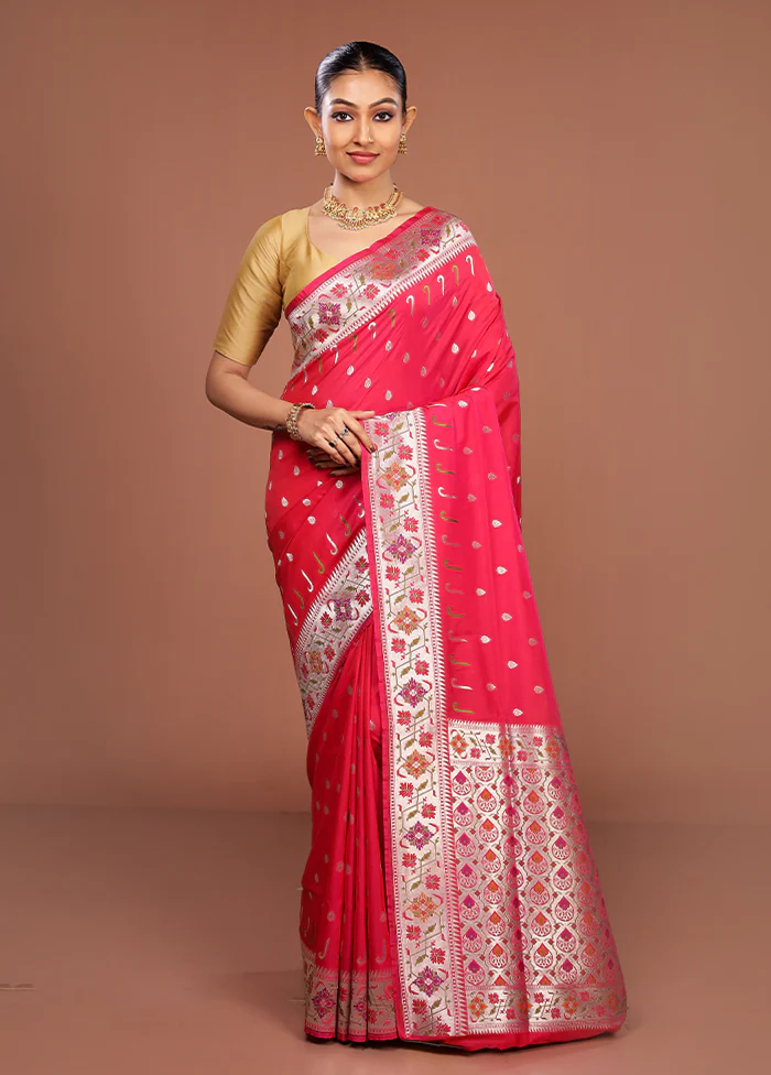 Pink Banarasi Silk Saree With Blouse Piece - Image 2