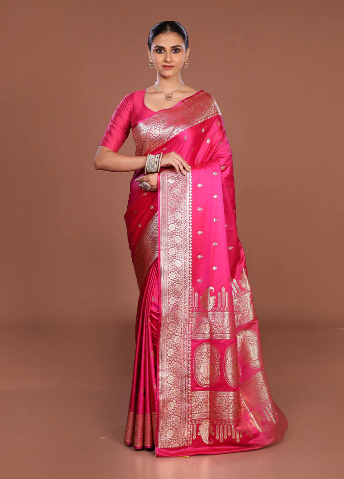 Pink Banarasi Silk Saree With Blouse Piece - Image 2