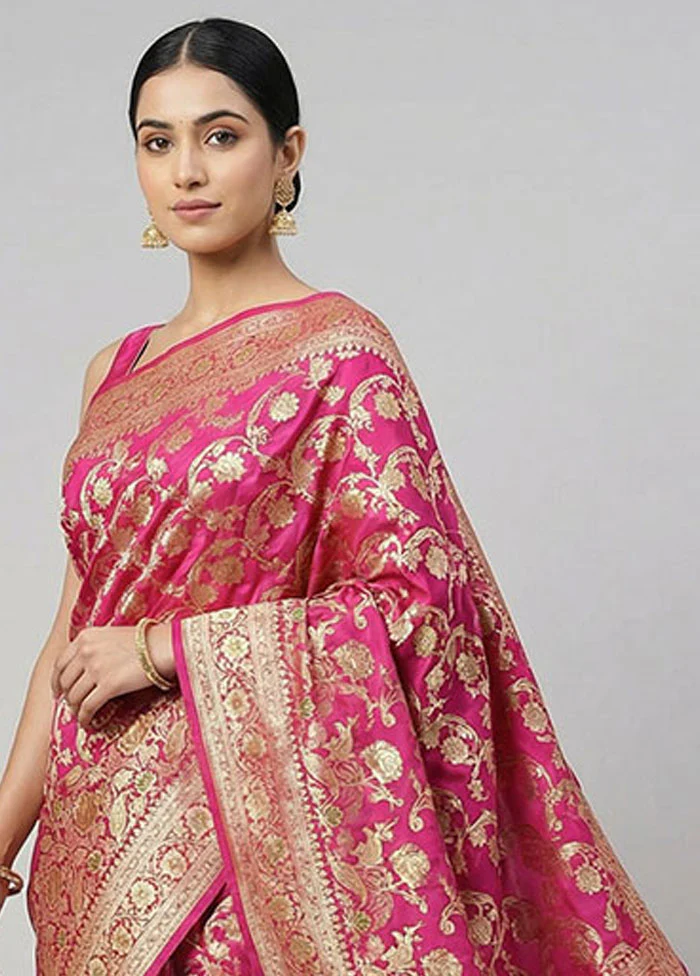 Pink Banarasi Silk Saree With Blouse Piece - Image 2