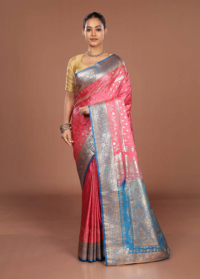 Pink Banarasi Silk Saree With Blouse Piece - Image 2