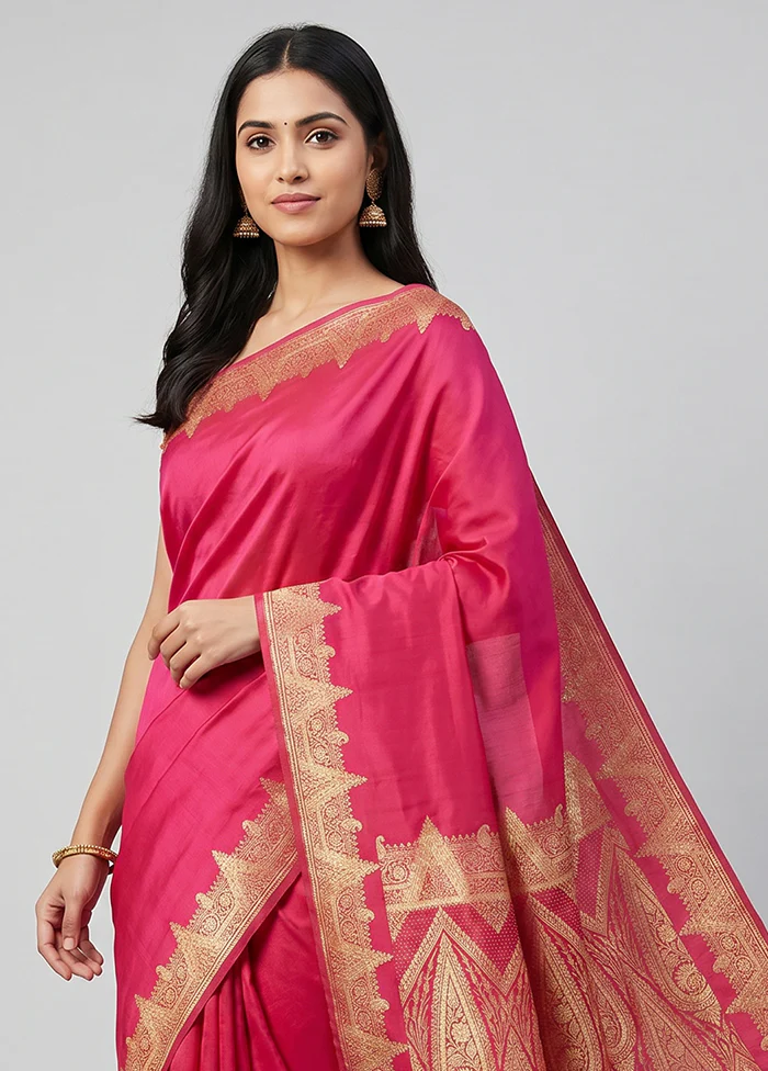 Pink Banarasi Silk Saree With Blouse Piece - Image 2