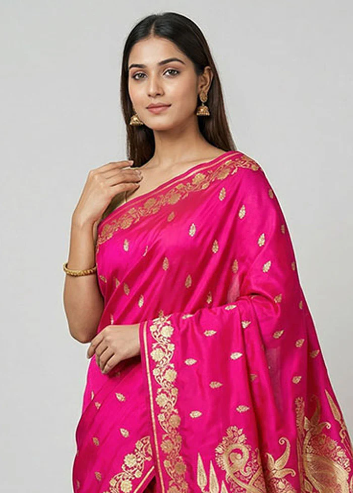 Pink Banarasi Silk Saree With Blouse Piece - Image 2