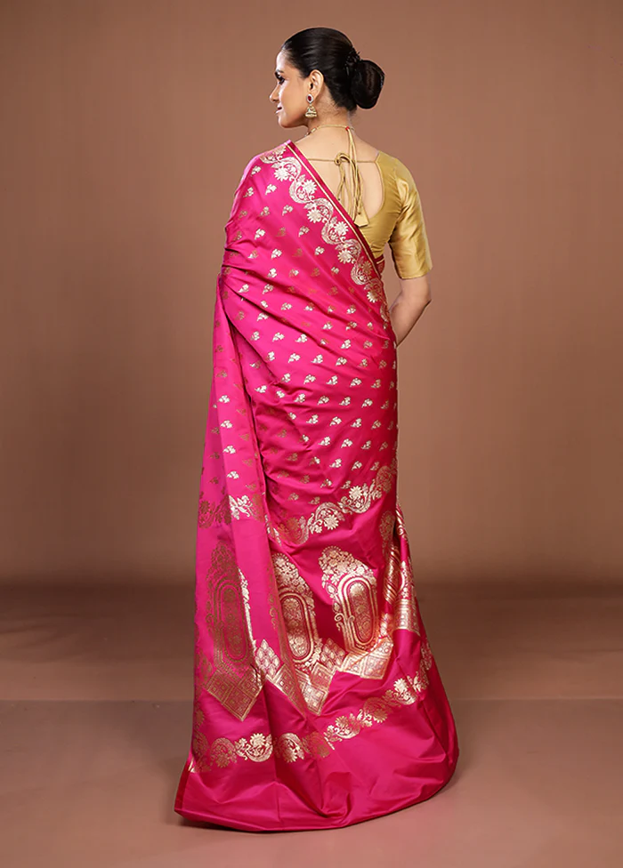Pink Banarasi Silk Saree With Blouse Piece - Image 3