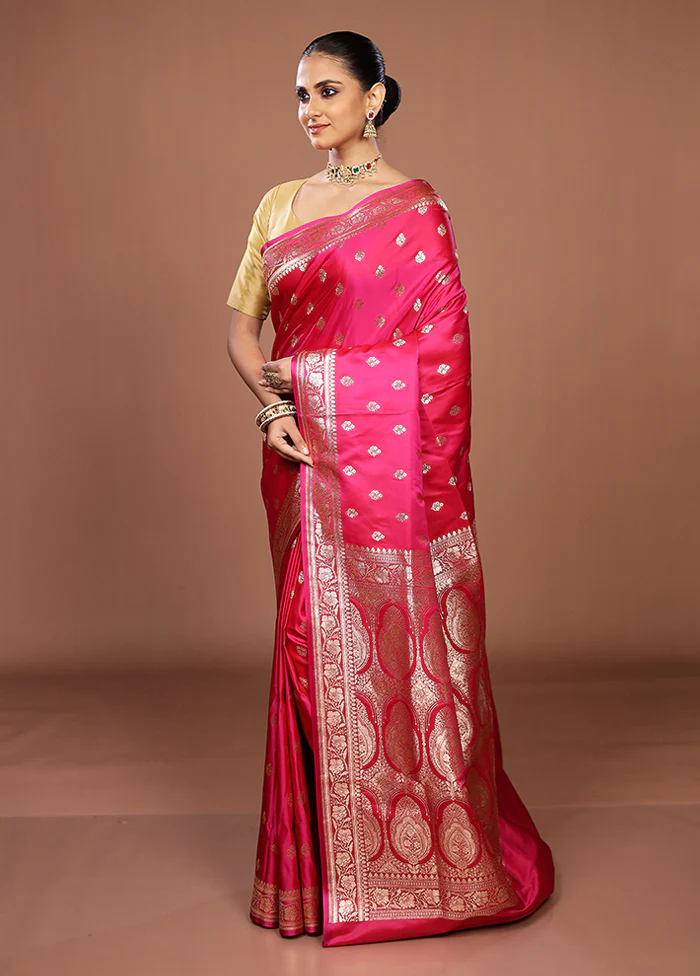 Pink Banarasi Silk Saree With Blouse Piece - Image 4