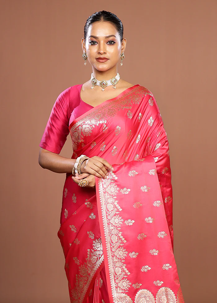 Pink Banarasi Silk Saree With Blouse Piece