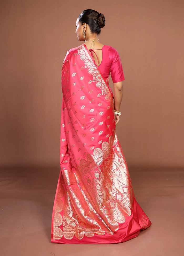 Pink Banarasi Silk Saree With Blouse Piece - Image 3