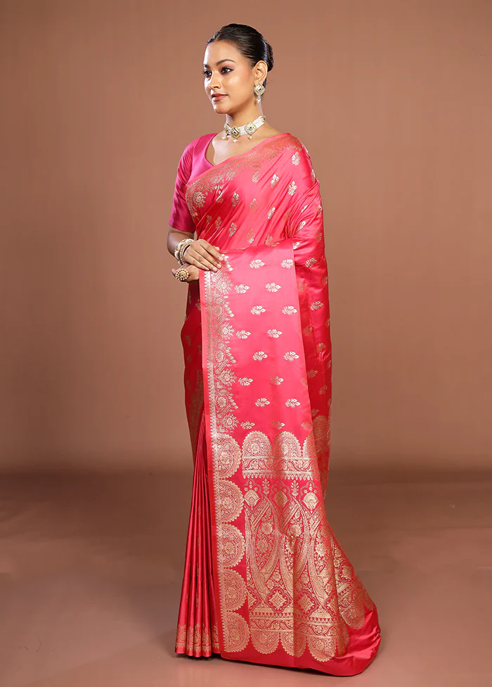 Pink Banarasi Silk Saree With Blouse Piece - Image 4