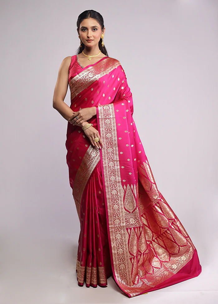 Pink Banarasi Silk Saree With Blouse Piece - Image 2