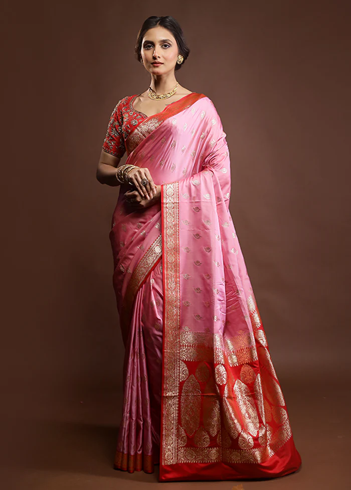 Pink Banarasi Silk Saree With Blouse Piece - Image 2