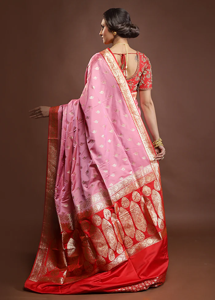 Pink Banarasi Silk Saree With Blouse Piece - Image 3