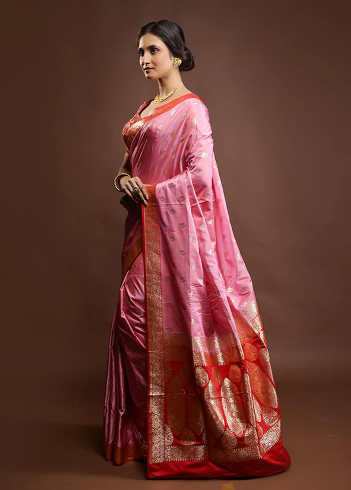 Pink Banarasi Silk Saree With Blouse Piece - Image 4