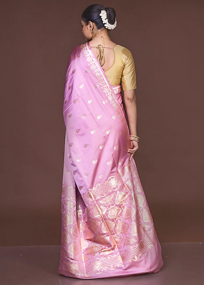 Pink Banarasi Silk Saree With Blouse Piece - Image 3