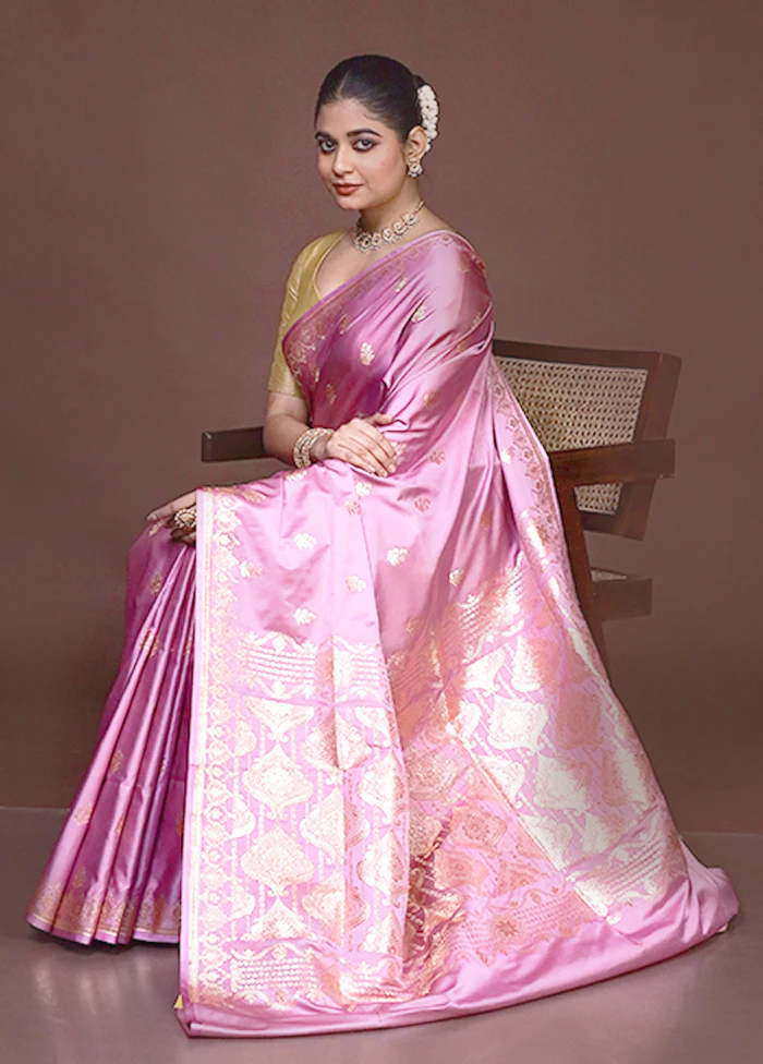 Pink Banarasi Silk Saree With Blouse Piece - Image 4