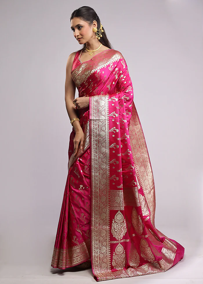 Pink Banarasi Silk Saree With Blouse Piece - Image 4