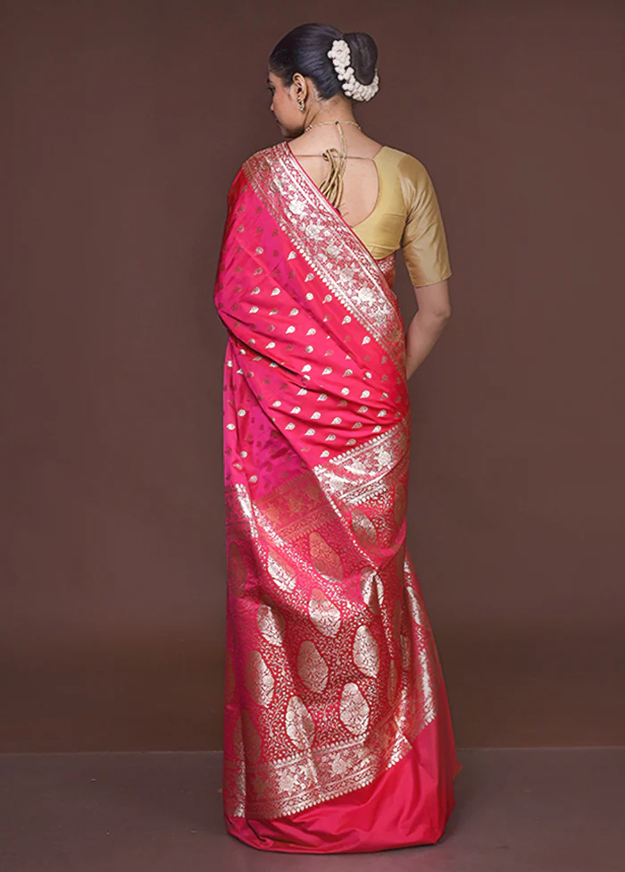 Pink Banarasi Silk Saree With Blouse Piece - Image 3