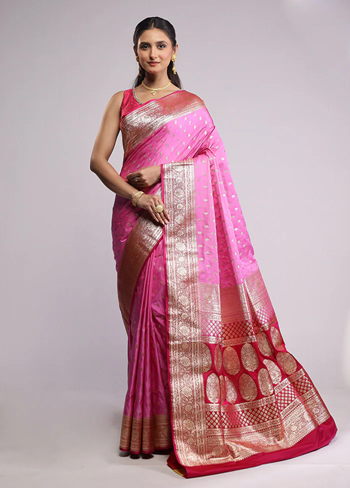 Pink Banarasi Silk Saree With Blouse Piece - Image 2
