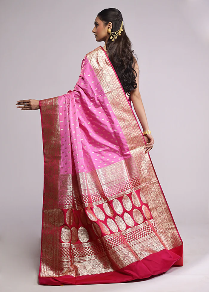 Pink Banarasi Silk Saree With Blouse Piece - Image 3