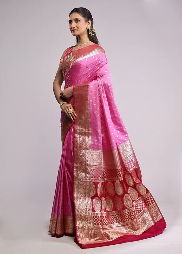 Pink Banarasi Silk Saree With Blouse Piece - Image 4