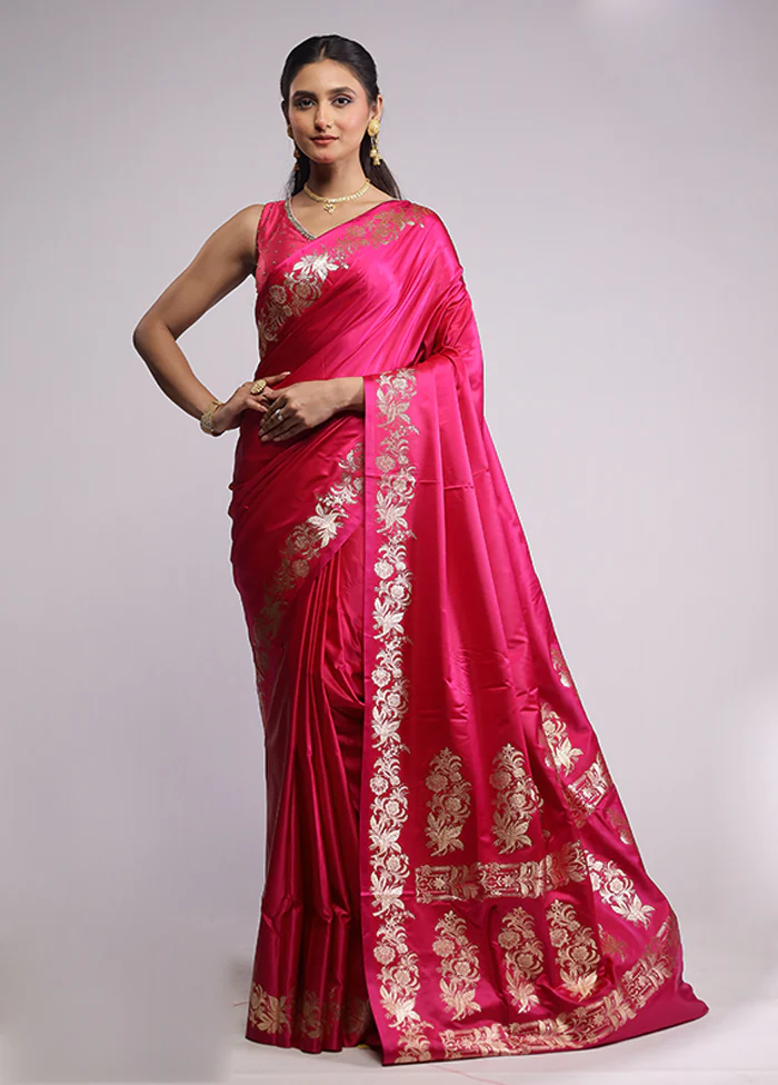 Pink Banarasi Silk Saree With Blouse Piece - Image 2