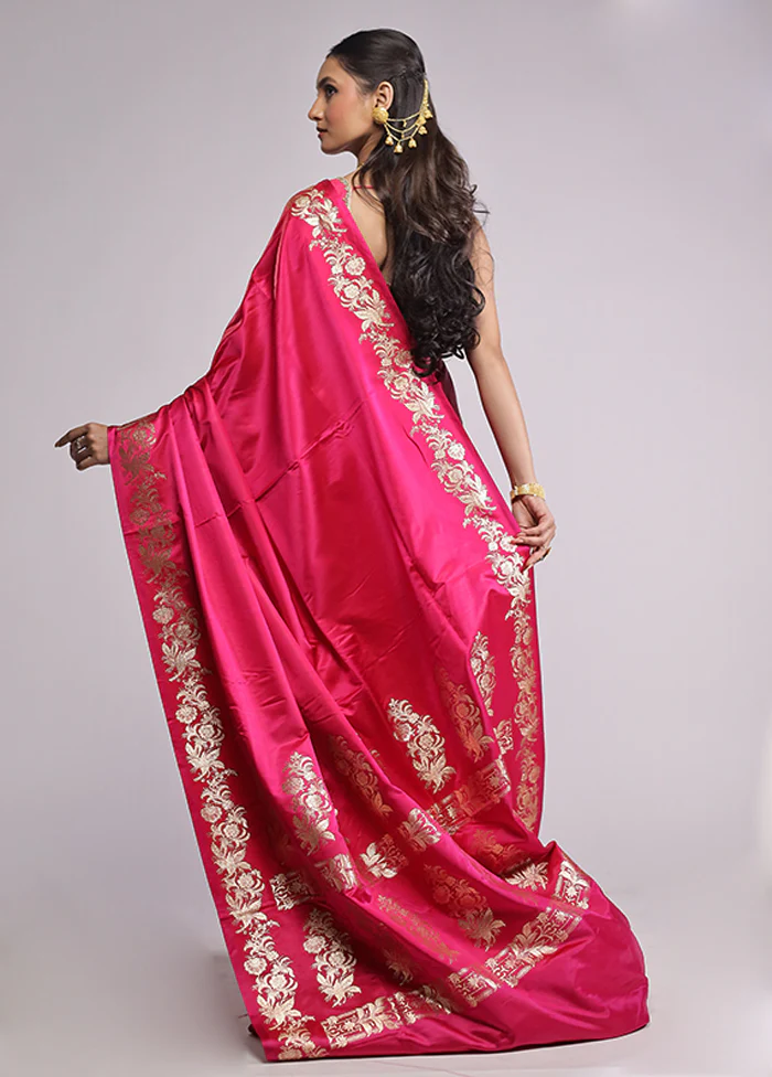 Pink Banarasi Silk Saree With Blouse Piece - Image 3