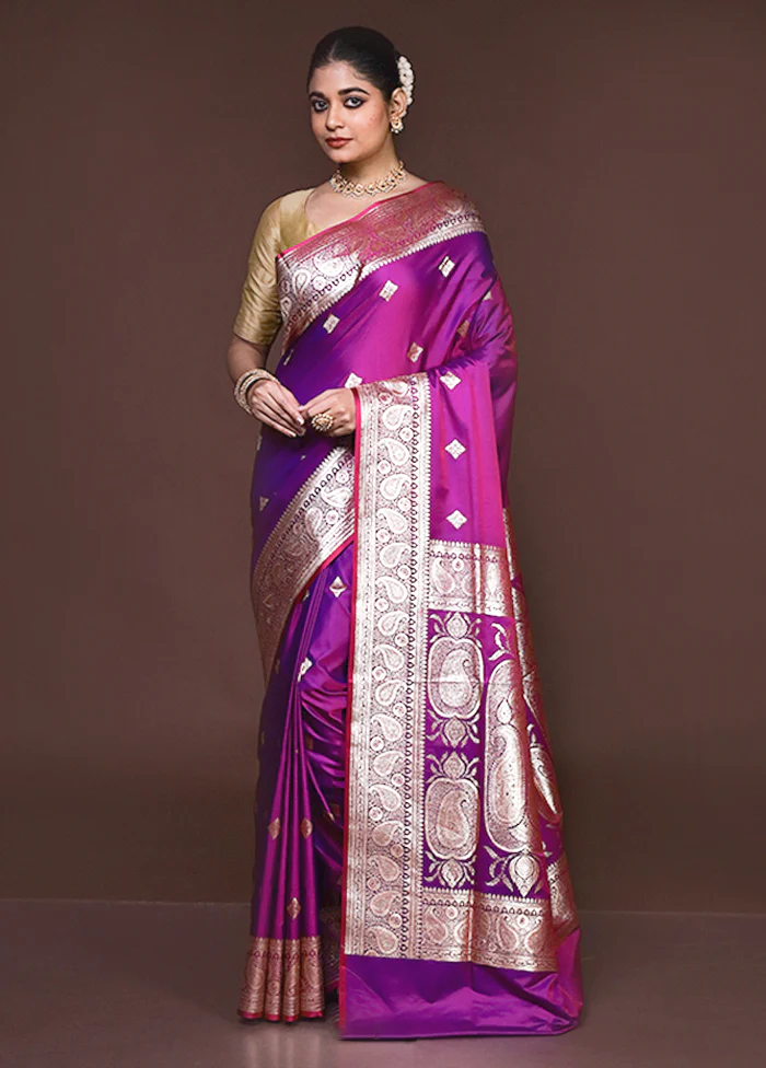 Purple Banarasi Silk Saree With Blouse Piece - Image 2